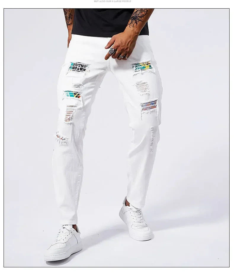 White 97% Cotton Jeans Men Clothing New Ripped Slim Patchwork Fashion Hole Skinny Elasticity Denim Trousers Male Streetwear