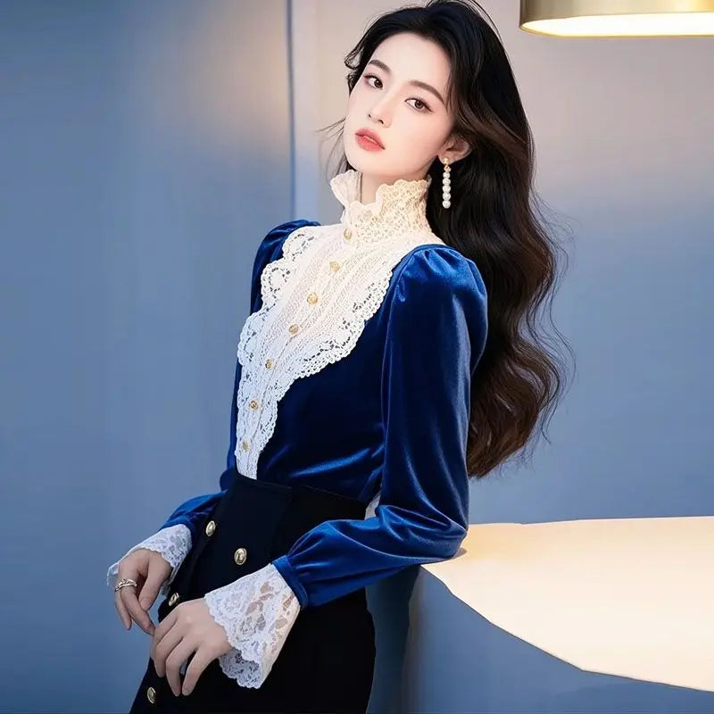 New Fashion Velvet Blouses For Women French Ruffles Lace Patchwork Shirts Design Flared Sleeve Tops Autumn Winter E11353