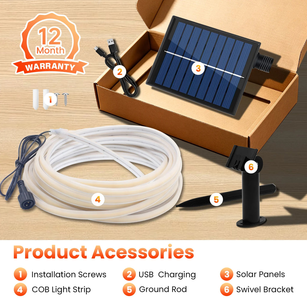 Waterproof Outdoor Solar COB LED Neon Light Strip 24V 320LEDs/m RA90 Linear Flexible Solar Lights for Yard Garden Decoration