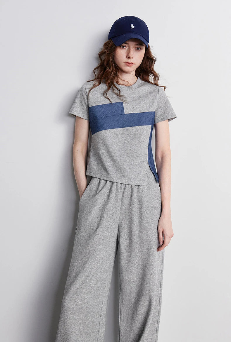 TOYOUTH Women Two Piece Set 2026 Summer New T-Shirt Wide Leg Pants Color Block Splicing Casual Sporty Trendy Outfits