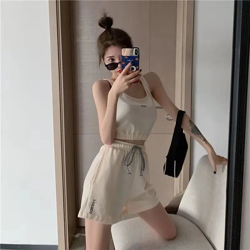 Women's Short Set Summer New Solid Sportswear Tank + Shorts Two Piece Womens Outifits Casual Sport Sets Woman