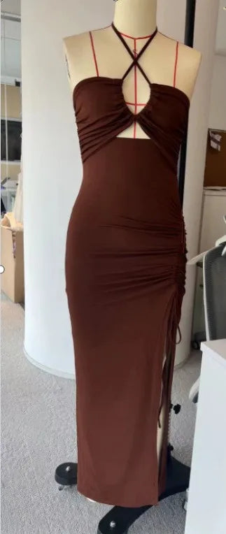 Women's Elegant Party Summer Sleeveless Halter Neck High Waist Pencil Dress Long Backless Cross Strap with High Slit Bodycon
