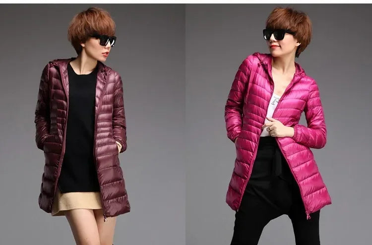 Plus Size White Duck Down Jacket Light-weight Down Jacket Women Inner Cloth Coat Ladies Long Winter Hat Hooded Femal