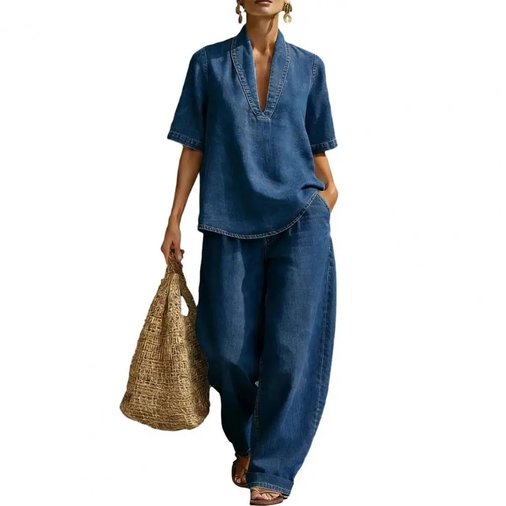 Women's Summer Denim 2 Piece Set Short Sleeve Lapel V Neck Top Wide Leg Pants Casual Vacation Tracksuit Outfits