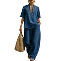Women's Summer Denim 2 Piece Set Short Sleeve Lapel V Neck Top Wide Leg Pants Casual Vacation Tracksuit Outfits