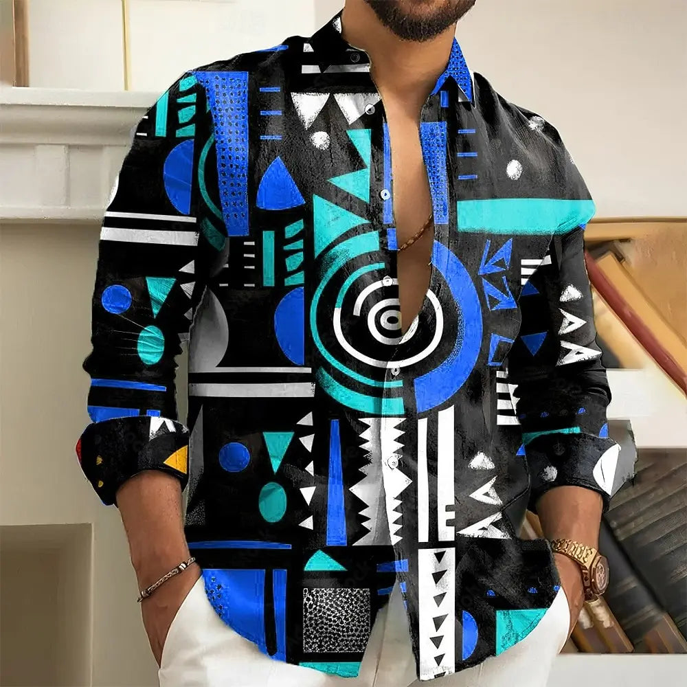 Fashion Men's Geometric Abstract Art Shirt Button Up Shirts Long Sleeve shirt Casual Men's Tops Fall 3D Print Collared Shirt