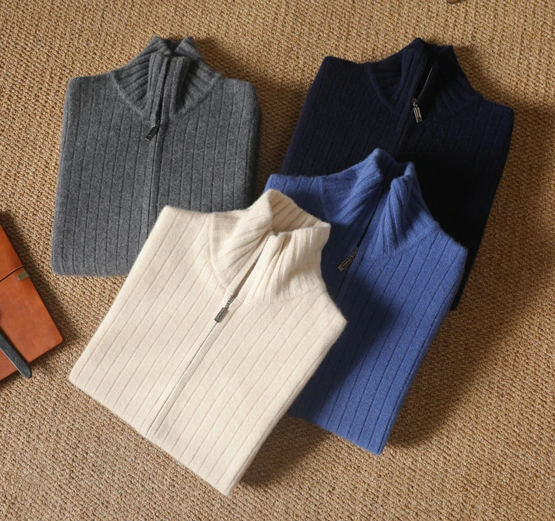 Men's Coat Winter Thickened New 100% Merino Wool Sweater Business Casual Zipper Lapel Cardigan Long Sleeved Warm Knit Jacket