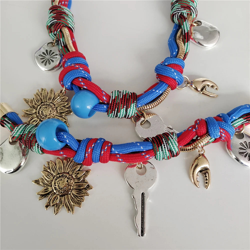 Fashion Trend Retro Sun Key Pendants Hand Woven Rope Choker Necklace Women Indian Ethnic Vintage Statement Necklace Lady Jewelry