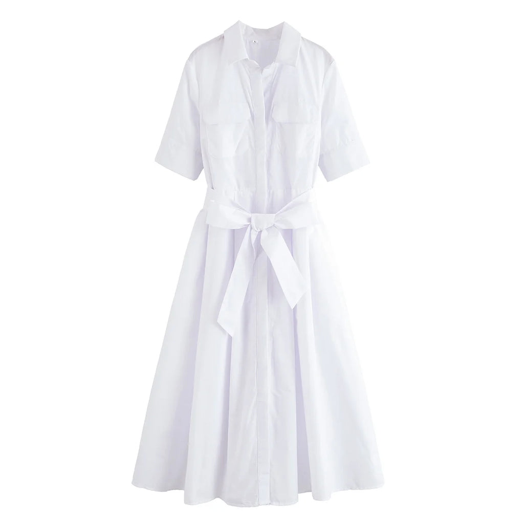 Women Long dress With Belt Spring Poplin Lady Short Sleeve Dress Pocket Women's Midi Dress Side Zipper Female Dresses