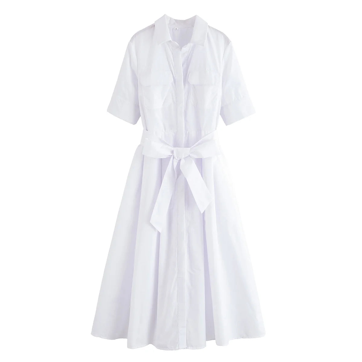 Women Long dress With Belt Spring Poplin Lady Short Sleeve Dress Pocket Women's Midi Dress Side Zipper Female Dresses