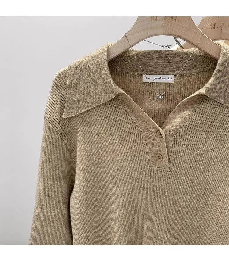 Polo Collar Knit Sweater Women Pullovers Casual Button Front Long Sleeve Rib-knit Jumper Chic Knitwear Trend Autumn Winter Tops
