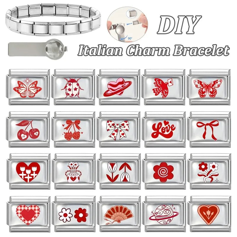Fashion Red Series Heart Flower Bowknot Cherry Women Men Charm Link fit 9mm Stainless Steel Italian Bracelet Making DIY Jewelry