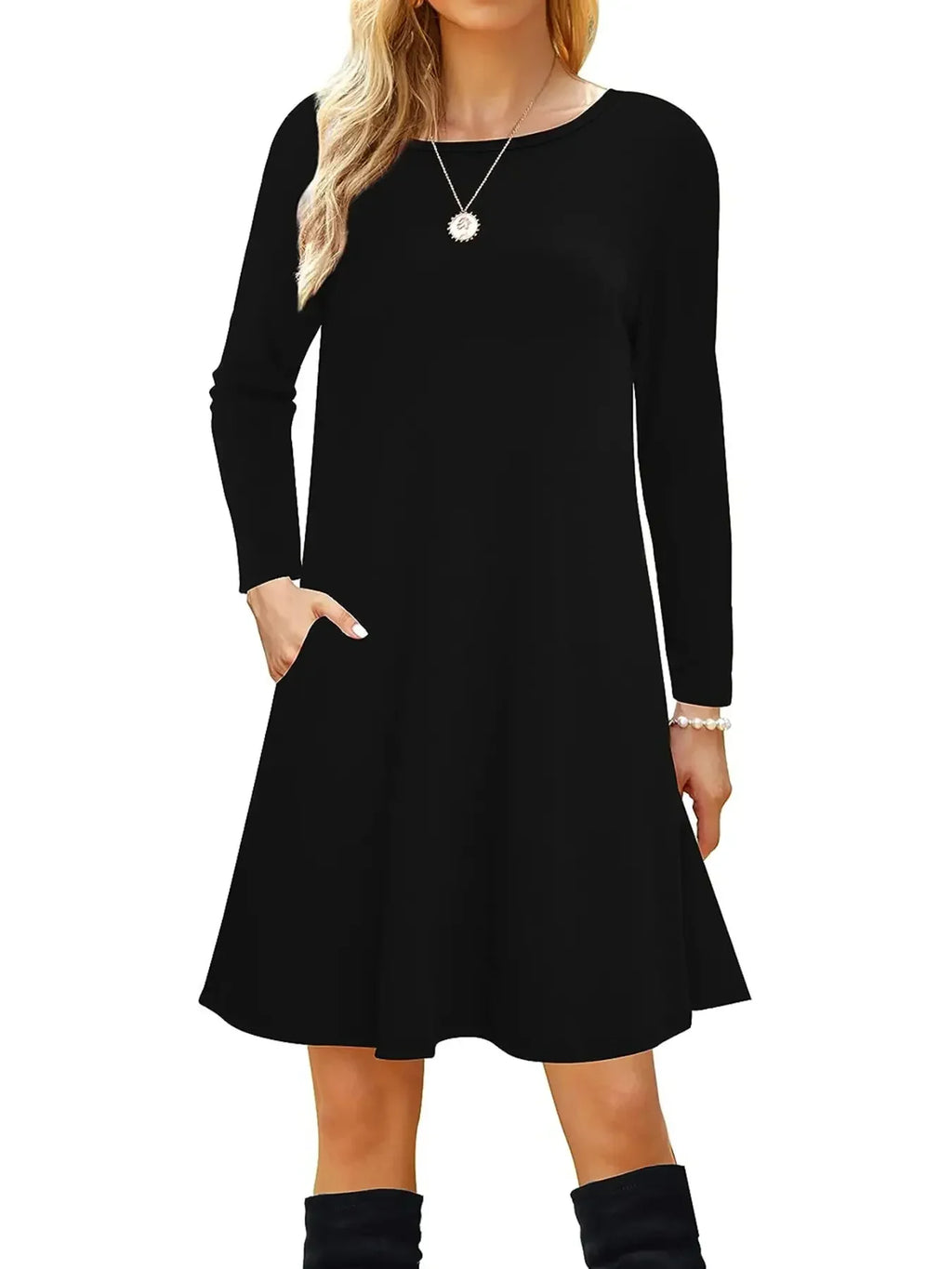 Autumn Independent Station Women's Casual Round Neck Solid Color Long Sleeve Pocket Loose Pullover Dress