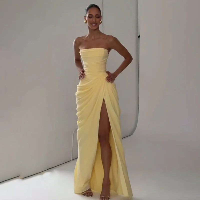 Elegant Yellow Strapless Pleated Long Dress Women Chic Solid Sleeveless Waist Cinching Split Gown 2026 Lady Evening Party Robes
