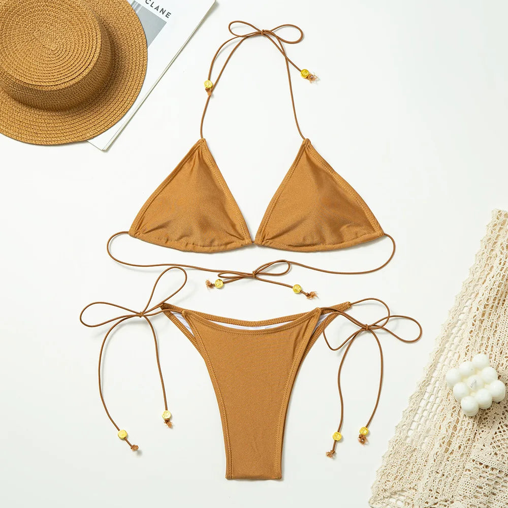 Women Bikini Two Piece Summer Sexy Halter Neck String High Waist Backless Solid Slim Holiday Beach Swimsuit Brazilian Swimwear