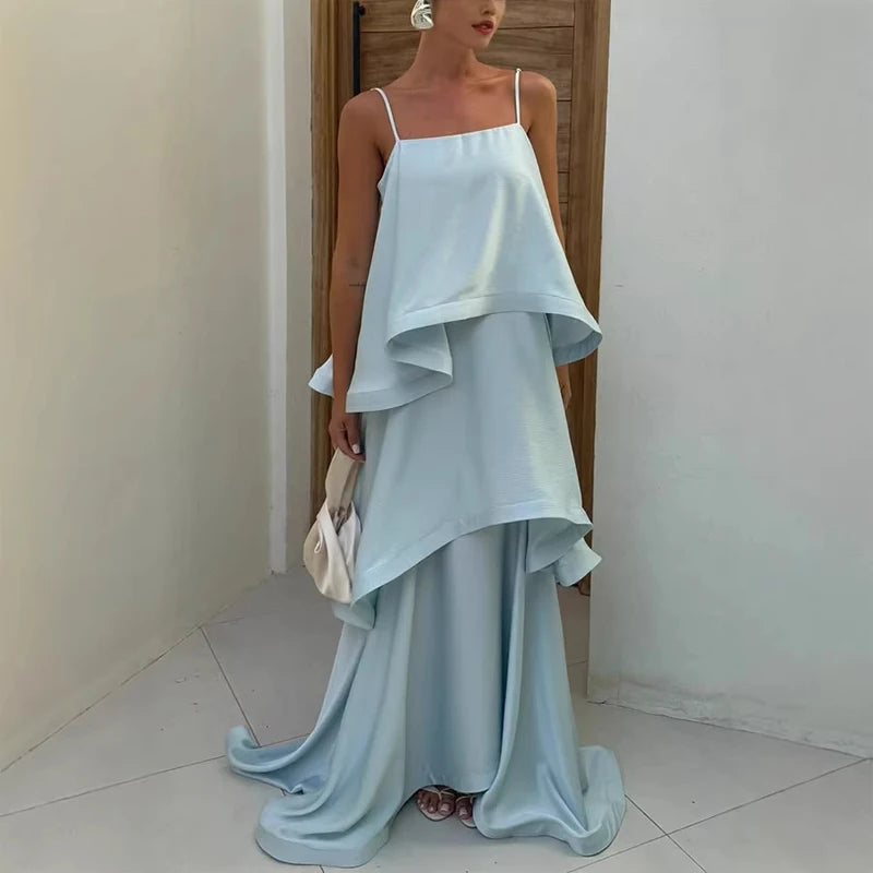 Chic Multicolored Pleated Women Maxi Dress Elegant Spaghetti Strap Ruffle Tiered Flowy Vestidos 2026 Summer Lady Vacation Outfit