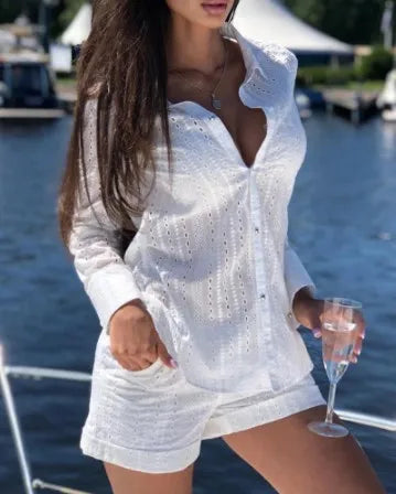 2026New Casual Set Solid Color Printed Shirt Button Long Sleeve Top+Pocket Shorts Set for Women womens matching sets 2 piece set