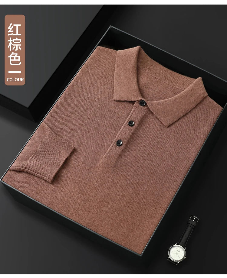 Men's Worsted Wool Kknit Pullover, Business Casual Polo Neck Sweater, Monochromatic Loose Top, Autumn and Winter Fashion, New