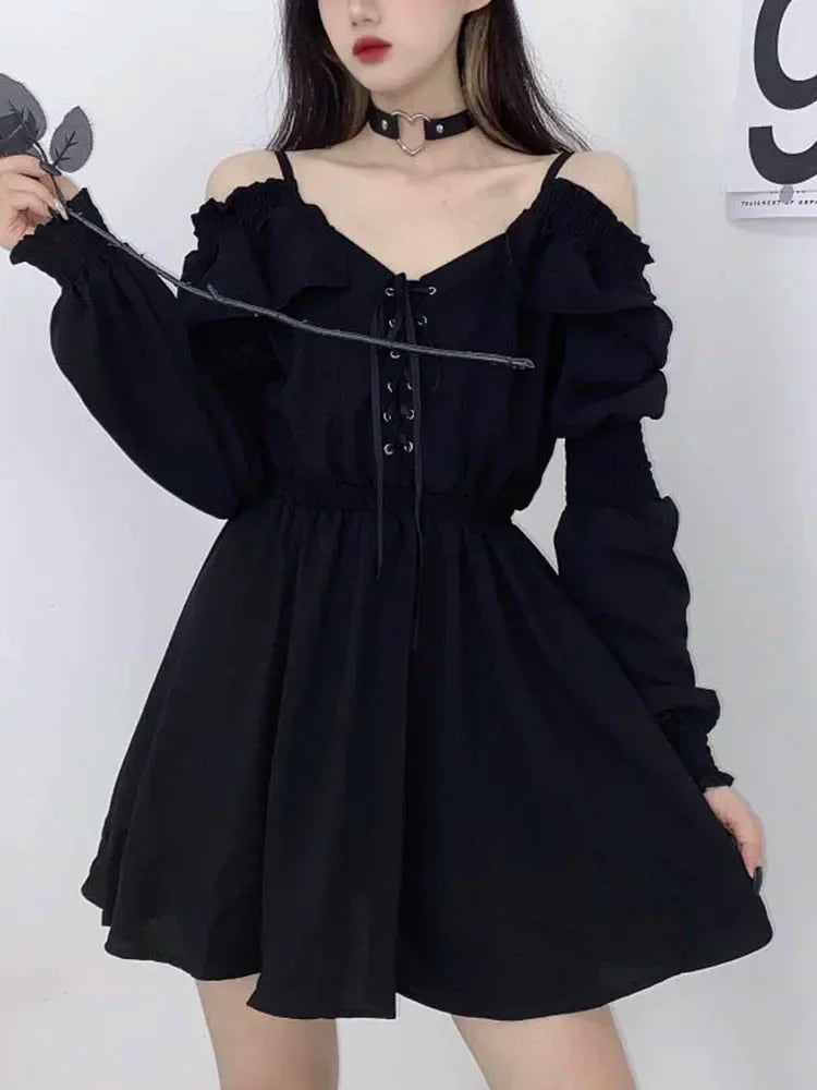 Zoki Harajuku Gothic Women Dress Y2K Summer Sexy Off Shoulder Black Bandage Mini Dress Fashion Elegant Party Night Vestidos New