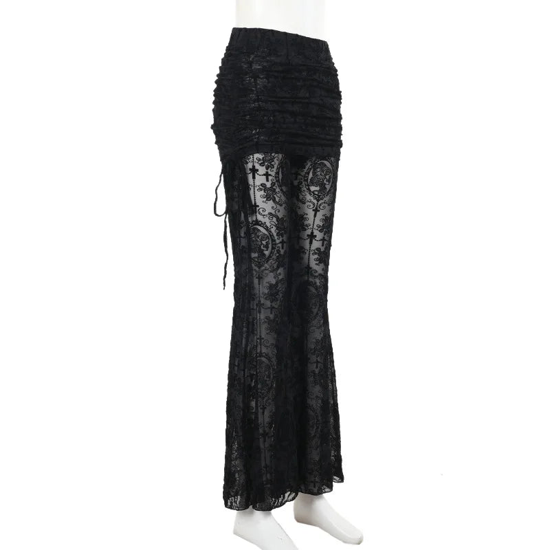 AltGoth Gothic Dark Flocking Pants Women Streetwear Aesthetic Emo Alt Grunge See Through Lace-up High Waist Flare Pants Female