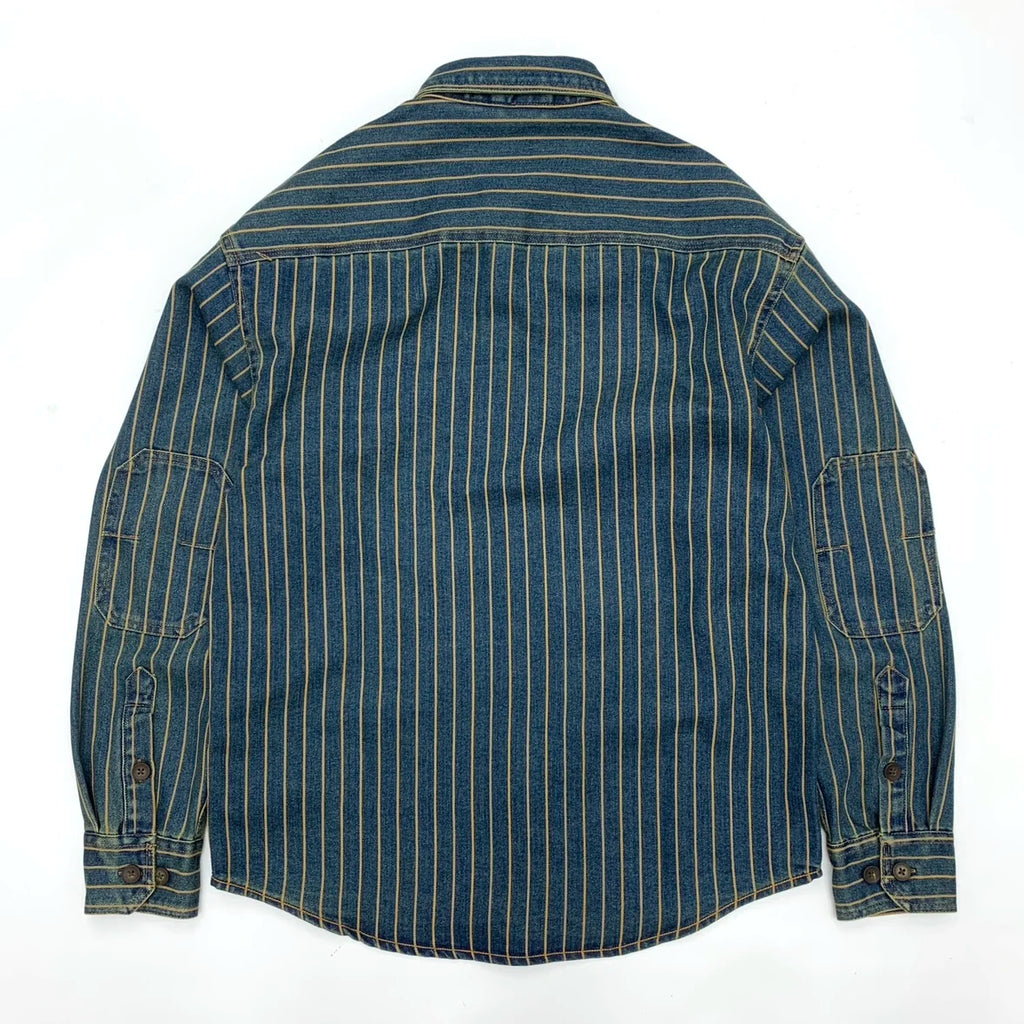 2025 Autumn New American Retro Heavyweight Striped Denim Shirt Jacket Men's 100% Cotton Washed Old Fashion Loose Casual Coat