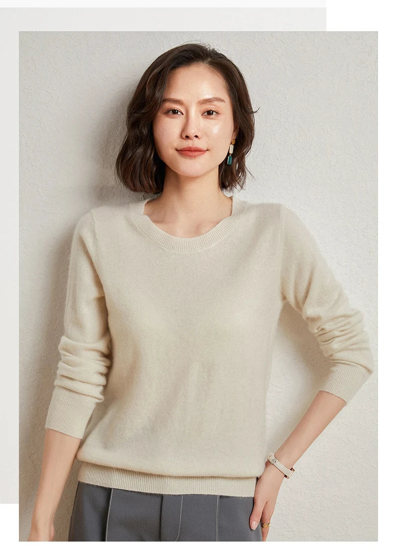 100%Merino Pure Wool Pullover Sweater For AutumnWinter Women's Round Neck Warm High-Quality Solid Color Basic Knitted Jumper Top