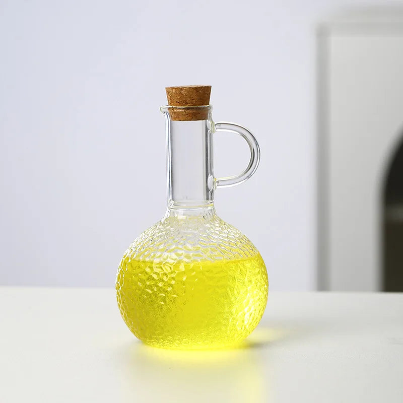 Household 300-350ml Heat-resistant Glass Oil Pot with Wooden Stand, Liquid Seasoning Bottle, Striped Sauce and Vinegar Oil Pot