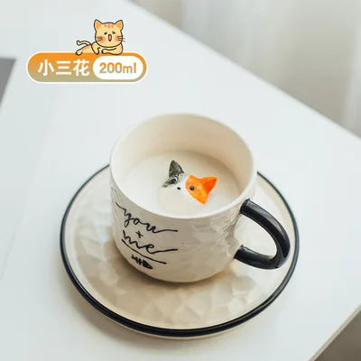Modern Cartoon Cute Cat Ceramic Coffee Cup with Saucer Cute Cat Animal Porcelain Mug for Kids Birthday Gift Breakfast Milk Mug