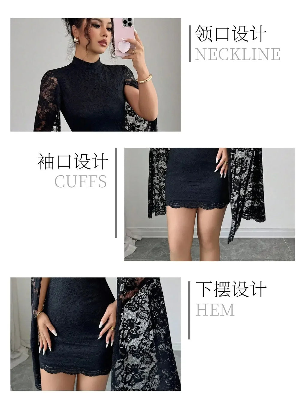Women Sexy Long Sleeve Lace Dress 2026 Fall Winter, Mandarin Collar Side Slit Slim Midi Dress For Cocktail Dating Night Out