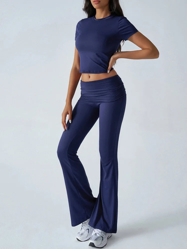Women's Sexy Tops Suits 2026 Summer Latest Casual Solid Color Yoga Suit Slim Fit Sports Short Sleeved Pants Two-Piece Set Outfit