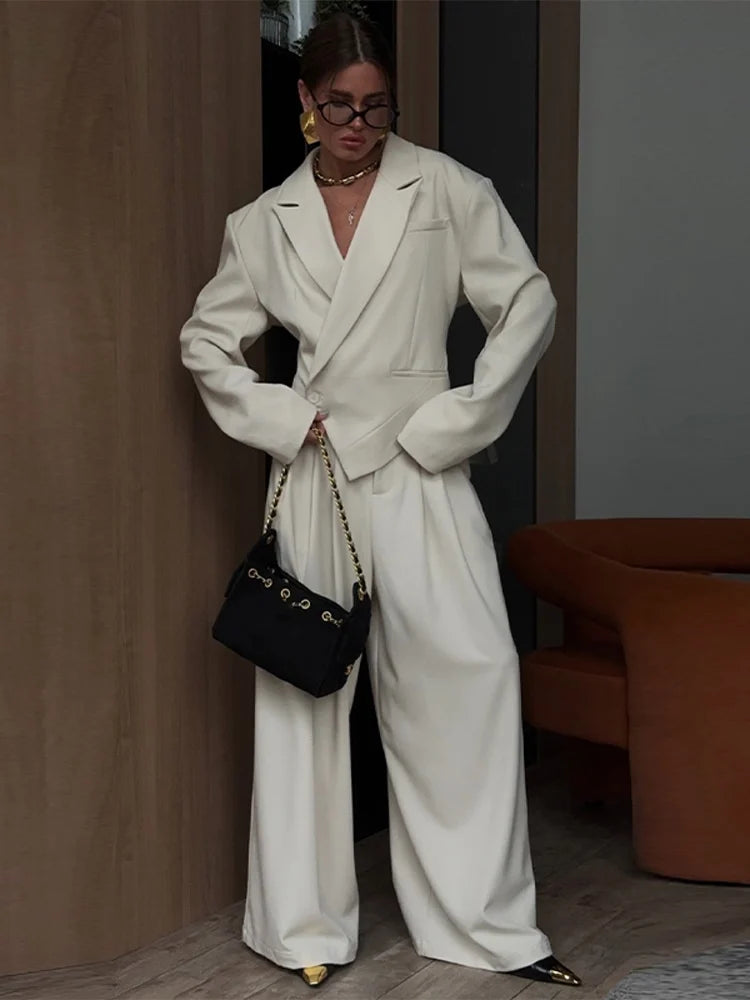 Pockets Loose Turn-down Collar Women Set Irregular Lapel Crop Suit Jacket Pleated Wide Leg Pants 2026 Spring Autumn Outfits
