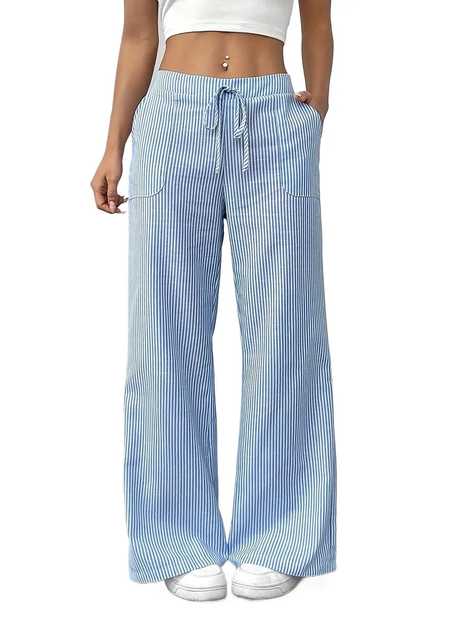 New Korean Style High Waist Drawstring Wide Leg Pants Women Vertical Striped Loose Casual Trousers Elastic Waist with Pockets