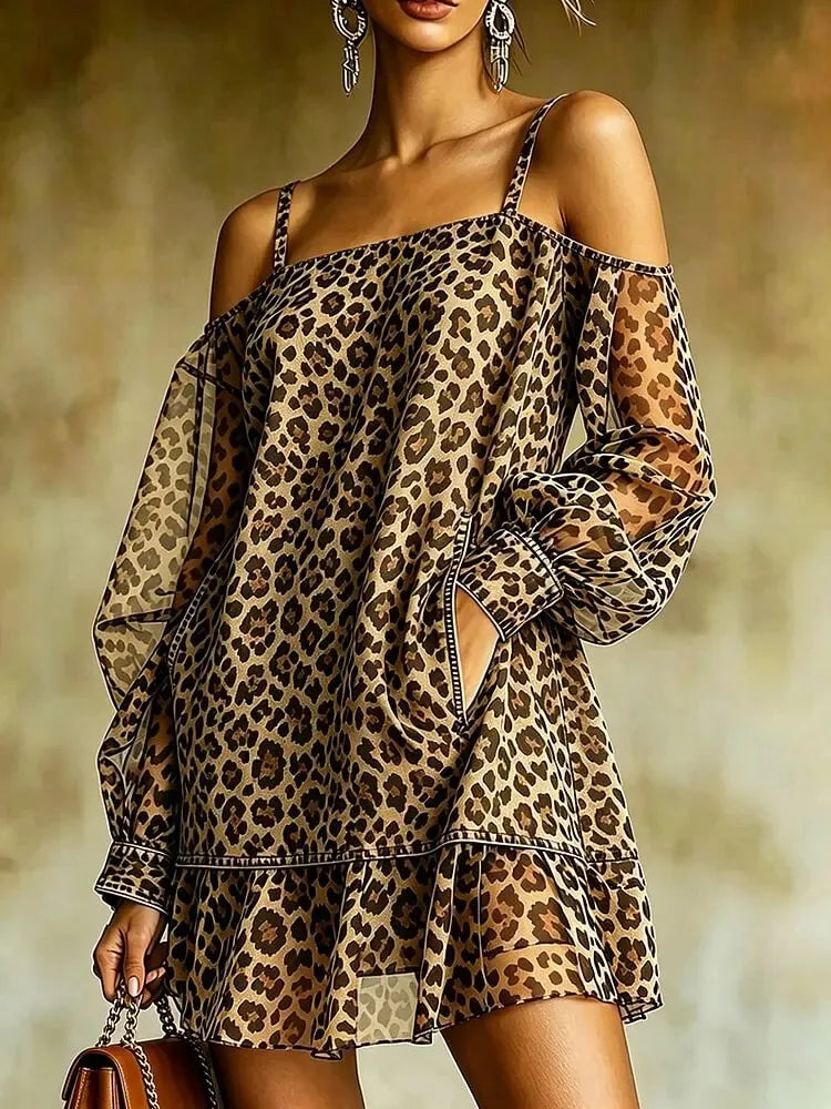 Leopard Print Cold Shoulder Mini Dress Spaghetti Strap Sheer Puff Sleeve Ruffle Hem Shift Dress Pockets Women Casual Dress