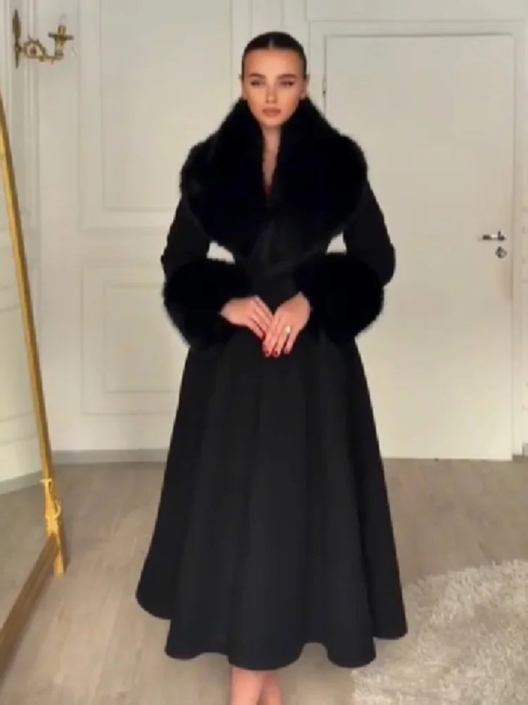Women Detachable Faux Fur Collar Long Wool Blend Elegant A‑line Maxi Dress Coat Winter Vintage Luxury Slim Fit Wedding Outerwear