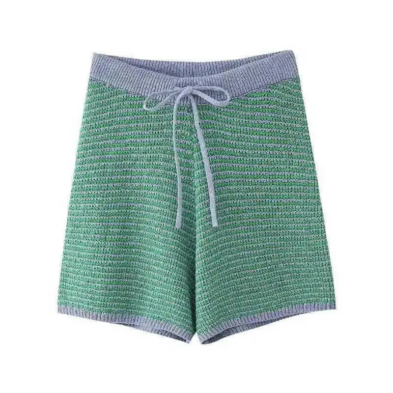 Holiday Retro Shorts Suit Summer New Women V Neck Knitted Tops Casual Lace Up Shorts Korean Fashion 2 Piece Sets Womens LLX6