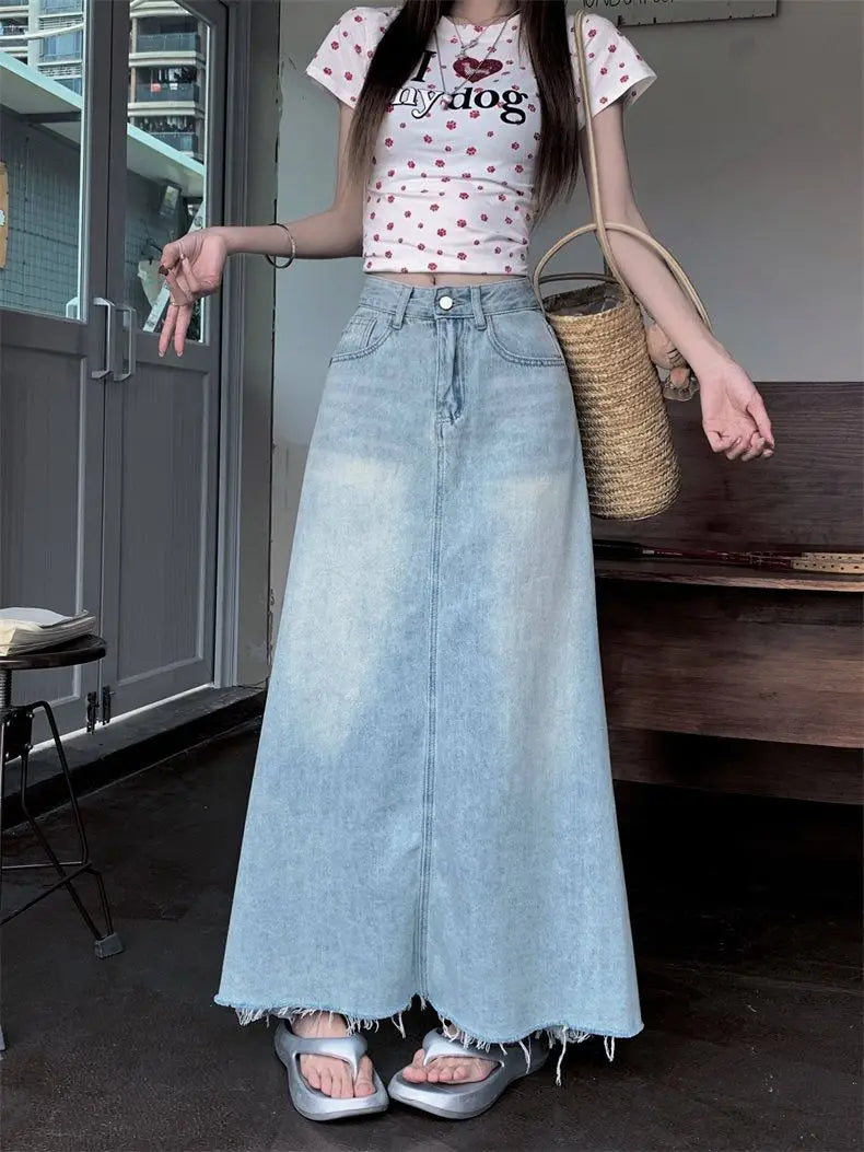 Retro High Waist Washed Denim Mini Skirt for Women plus Size Summer Fashionable Slimming Belly Covering Skirts