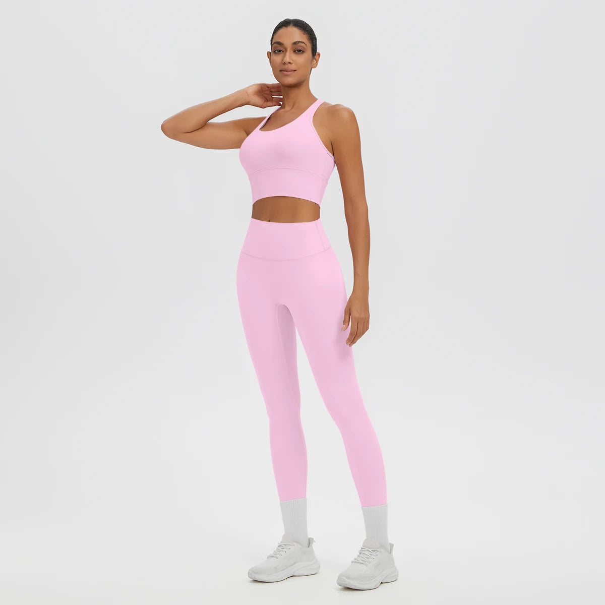2PCS/set Gym Sports Yoga Suit for Women's Solid Color High Stretch Quick Drying Legging Yoga Pants Gather I-shaped Vest Yoga Set