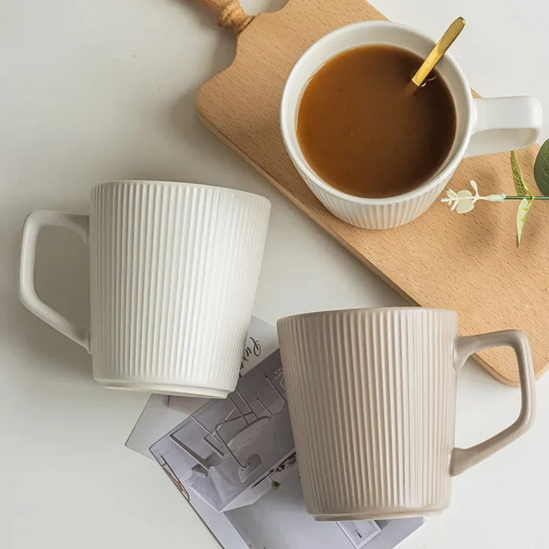 Coffee Cup Vintage Style Striped with Handle Simple Ceramic High Capacity Milk Breakfast Mug for Household Office Water Cup
