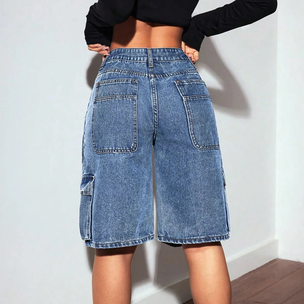 Shorts Women Knee Length Cargo Jeans Multiple Pockets High Waist Washed Distressed Streetwear 2025 Summer Denims Short Pants