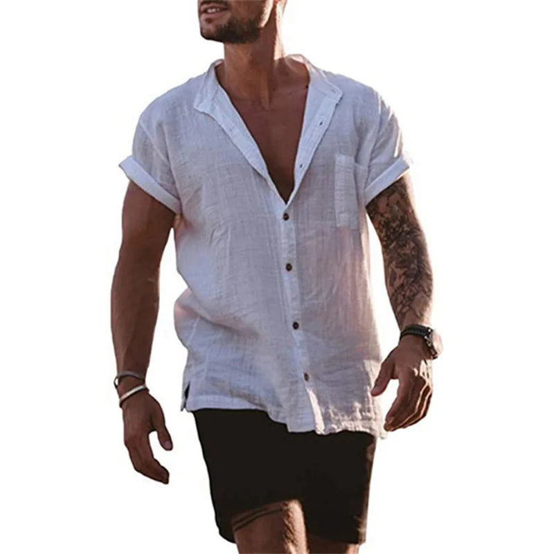 Male Short Sleeve Shirts Cotton Linen Shirts Blouses For Men Loose Business Normal Social Top Formal Dress Shirt Mens Clothing