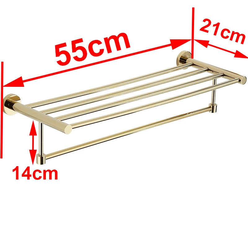 Luxury Gold Towel Rack 55cm, Stainless Steel Bathroom Storage Shelf, Wall Mounted Thickened Bath Towel Holder