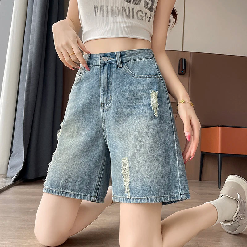 2026 Summer New Women Vintage Washed Ripped Denim Bermuda Shorts Loose Straight Five Points Casual Street Jeans
