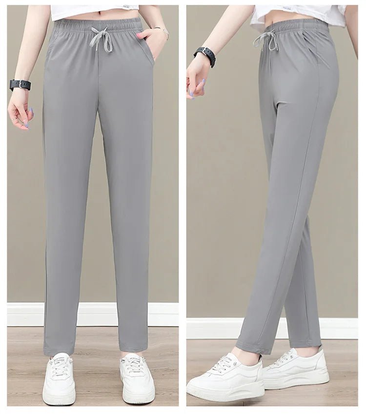 New Women'S Fashion Loose Summer Thin Ice Silk Pants Mom'S Casual High Waist Comfortable Versatile Sports 9-Point Trousers