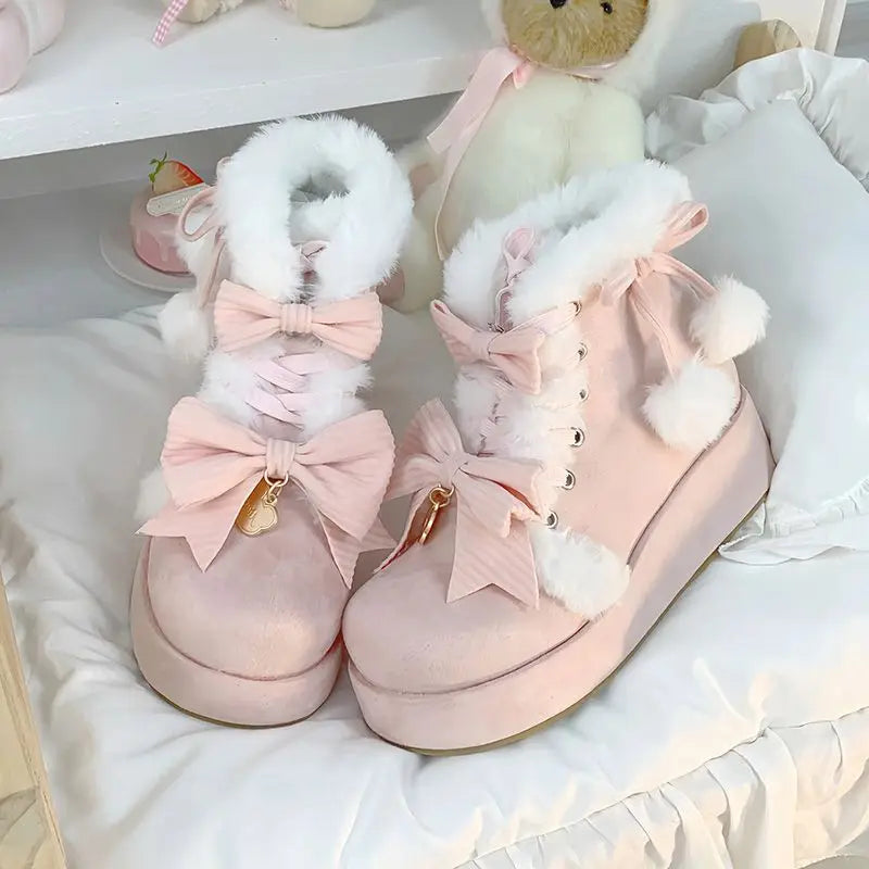 Sweet Girls Lolita Winter Snow Boots,Students Cute Plush Warm Bowknots PU Leather Lace Up Heightening Platform Shoes