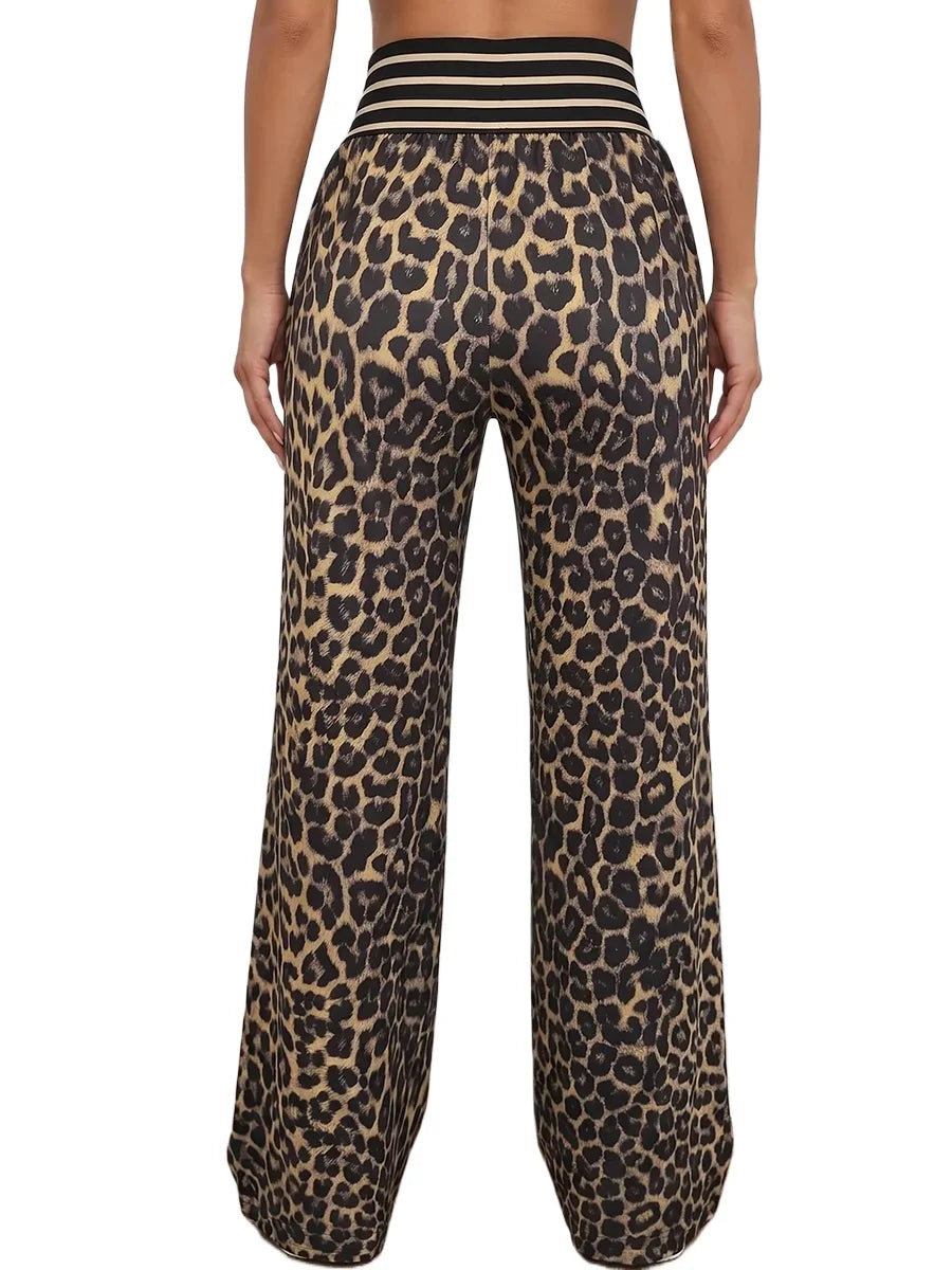 Leopard Print Wide Leg Pants Women Sexy High Waist Elastic Waist Loose Trousers Summer Autumn Casual Streetwear Y2K Vintage