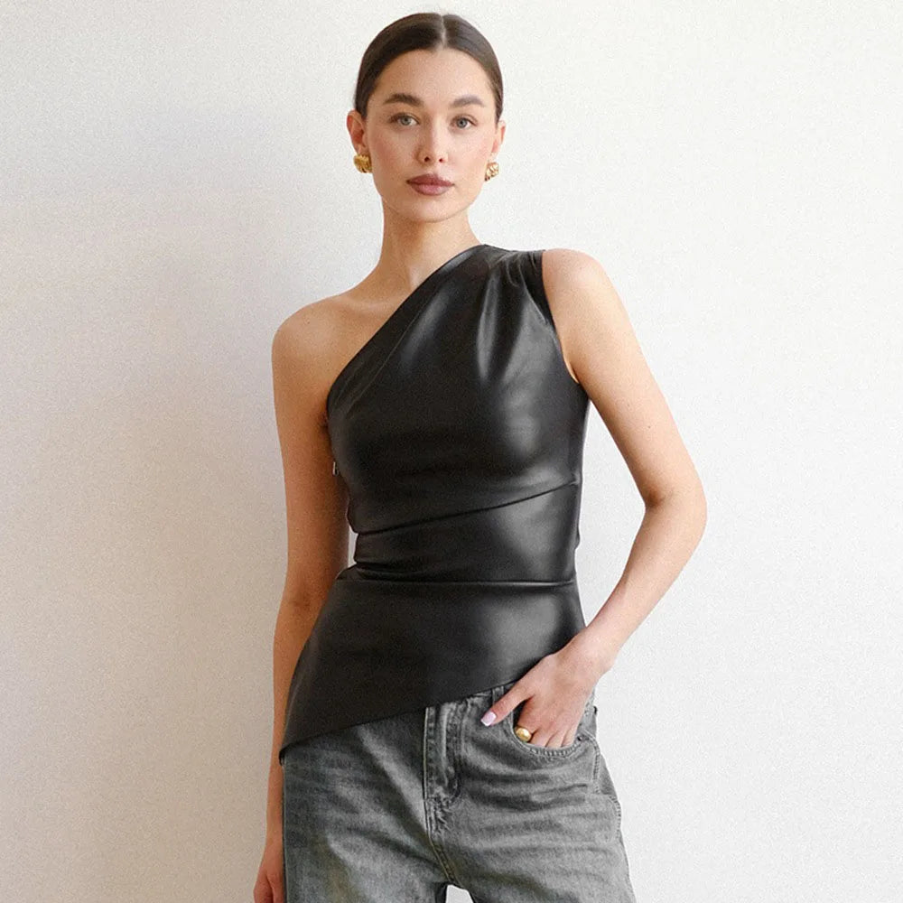 Pure Color Slim One-Shoulder Sleeveless Jacket with Slanting Collar And Zipper for Women Fall Winter 2025 Fashion Show Thin