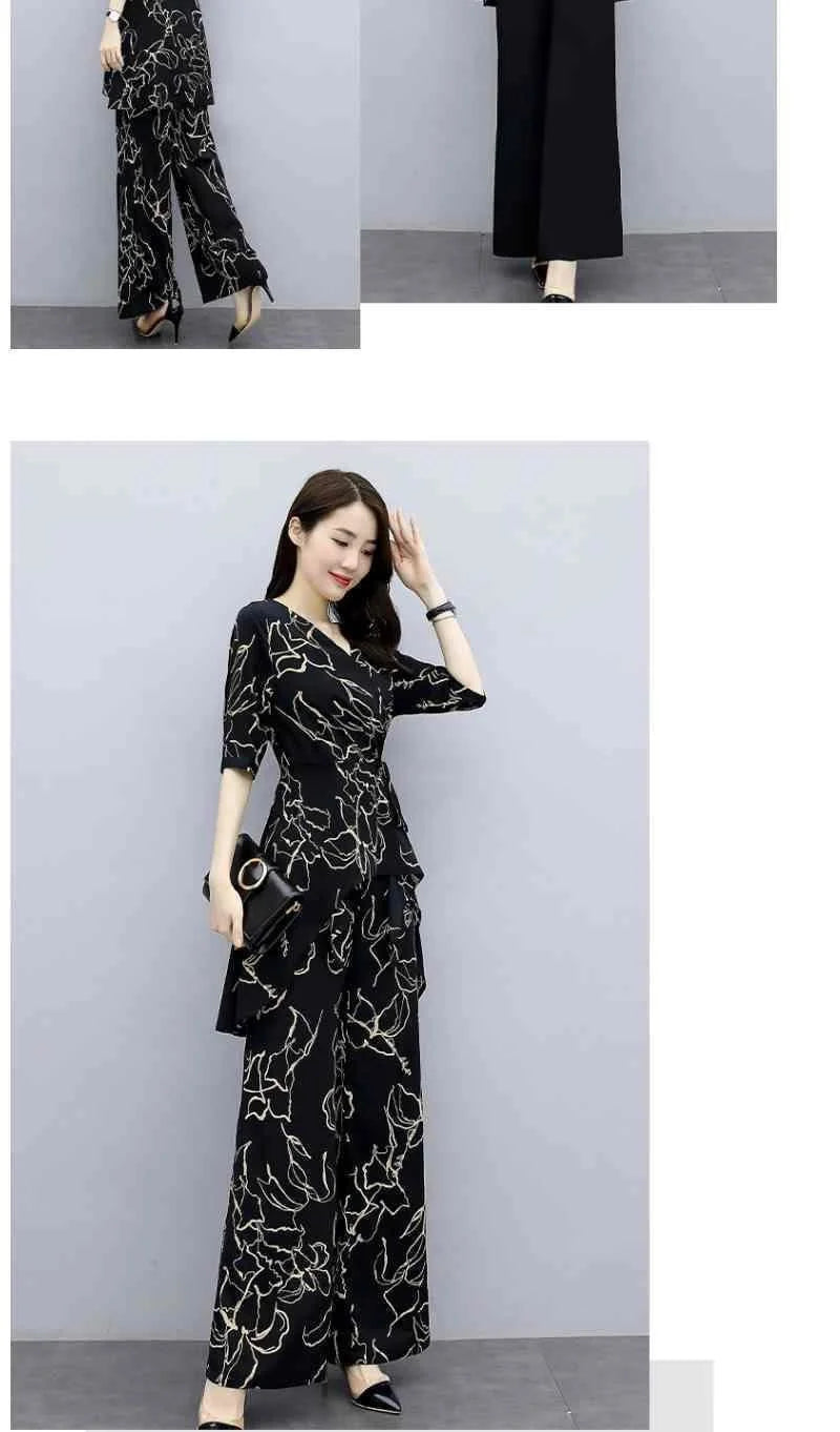 2 Piece Set Women Casual Fashion Printing Pants Suit Short Sleeve Tops +Wide Leg Pants 2 Piece Outfits Women White Set Summer4XL