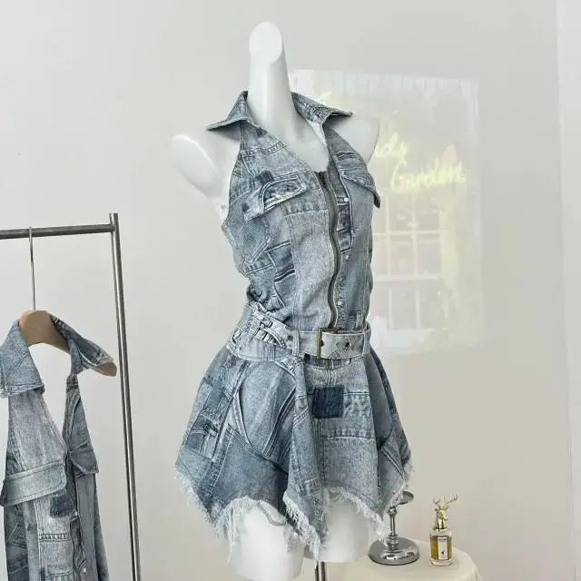 American Denim Waist-cinching Halter Neck Backless Sexy Casual Dress for Women, Distressed Retro Spliced Short Skirt