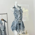 American Denim Waist-cinching Halter Neck Backless Sexy Casual Dress for Women, Distressed Retro Spliced Short Skirt