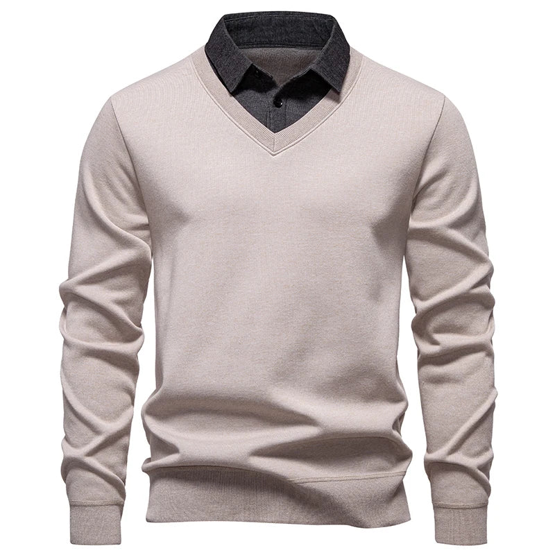 Autumn Winter Men's Fake Two-Piece Knitted Pullovers Fashion Slim Fit Turn Down Collar Knit Sweater Men Fleece Warm Pullovers